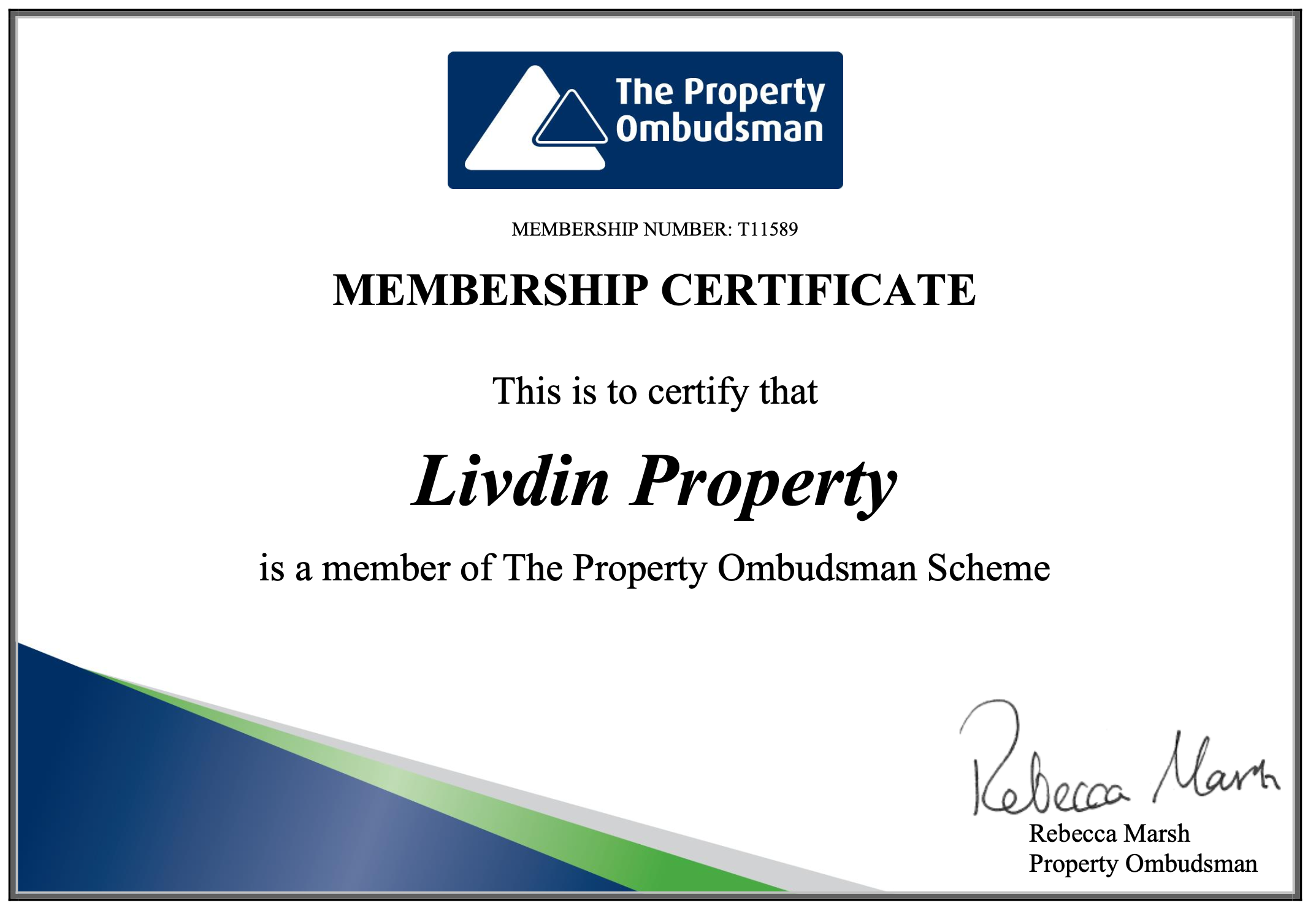 Membership certificate issued by the Property Ombudsman scheme to Livdin Property, signed by Rebecca Marsh.
