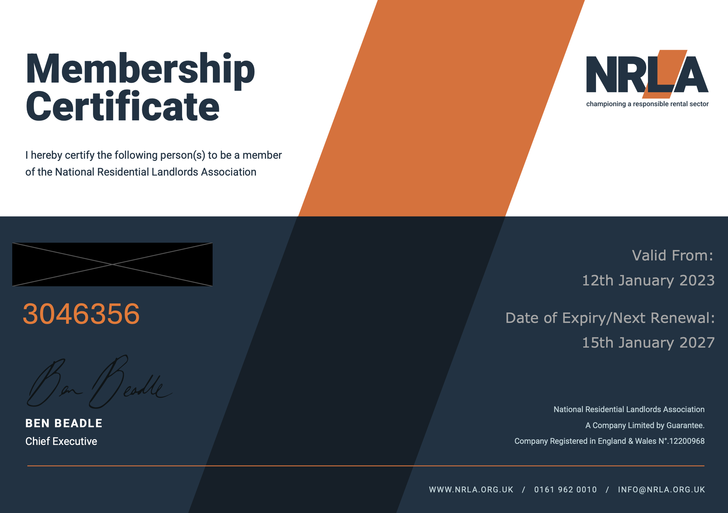 Membership certificate from the National Residential Landlords Association (NRLA), featuring the member's ID number 3046356, name Ben Beadle, with date of issue January 12, 2023, and expiry January 15, 2027. The certificate has a navy blue, orange, and white color scheme with the NRLA logo.
