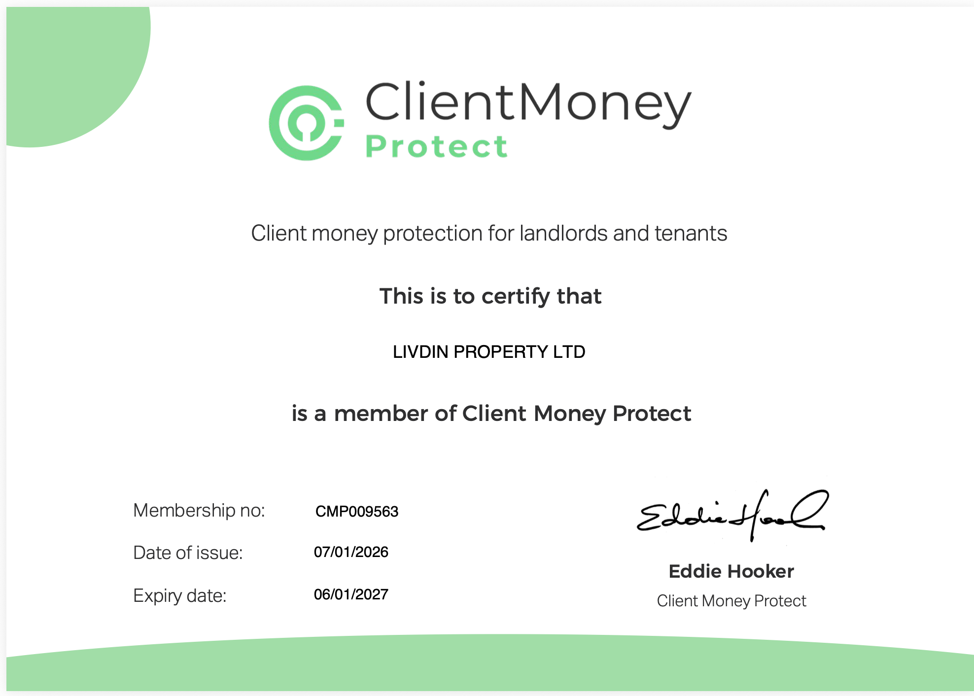 Certificate of membership for Livdin Property Ltd as a member of Client Money Protect, issued by Client Money Protect, signed by Eddie Hooker, includes membership number, date of issue, and expiry date.