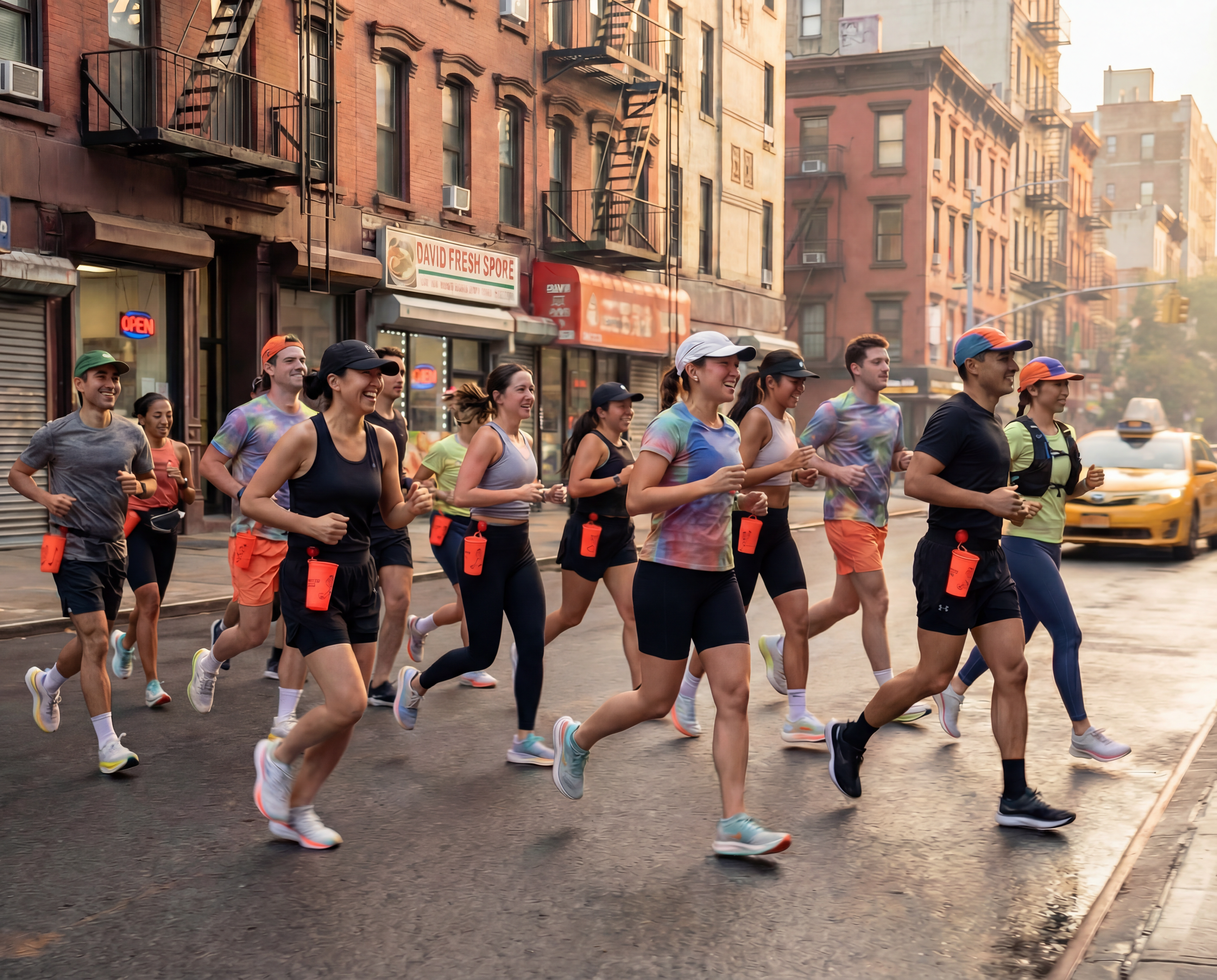 Run club running in the NYC streets in the morning with custom Zippy Cup