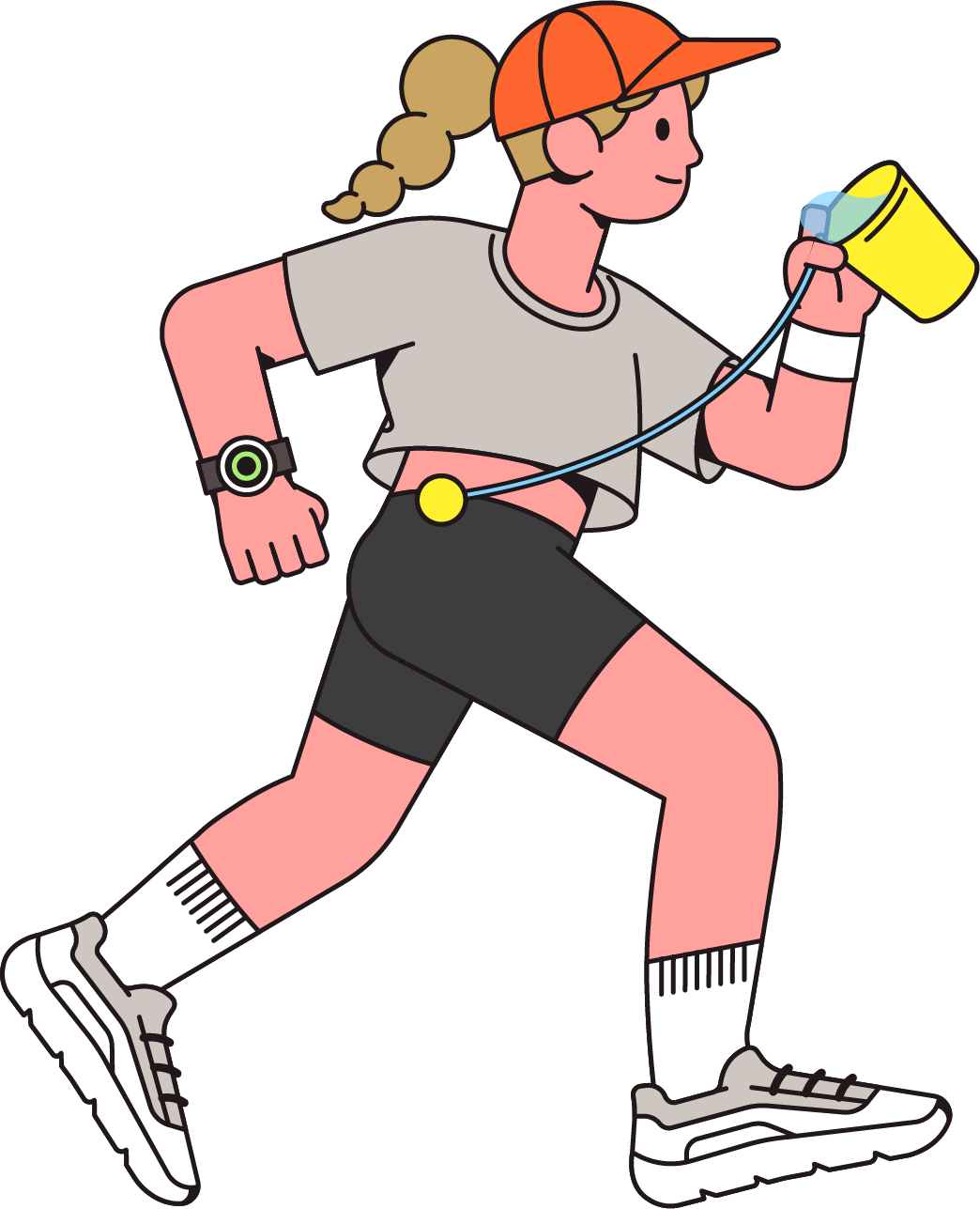Cartoon of a woman running, wearing a gray T-shirt, black shorts, white sneakers, and a red cap, holding a yellow hydration bottle.