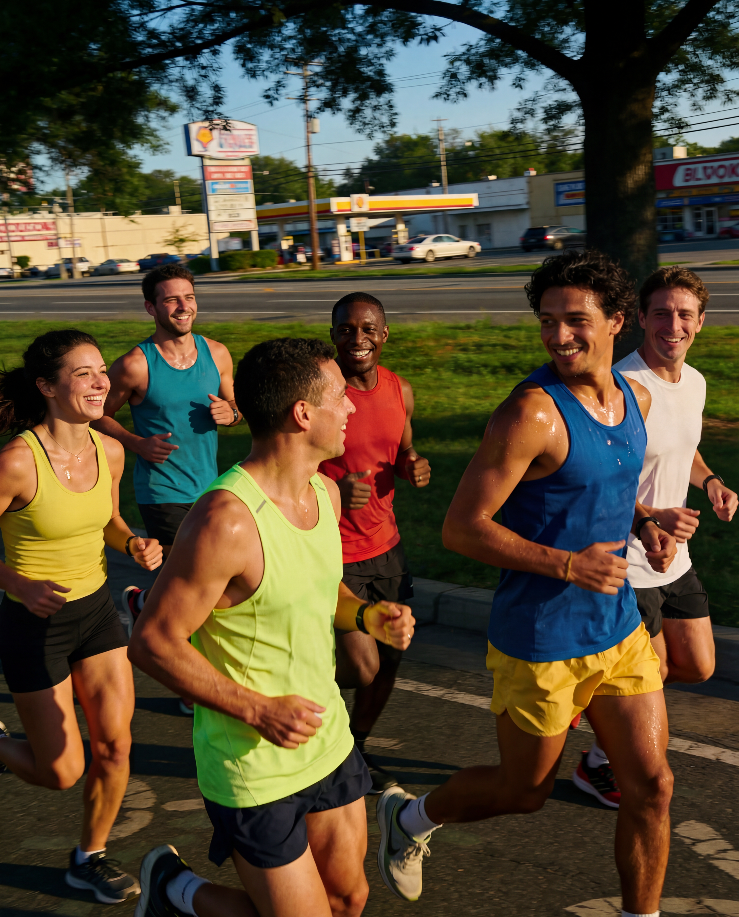 A group of seven diverse people running outdoors on a sunny day, smiling and enjoying their workout.