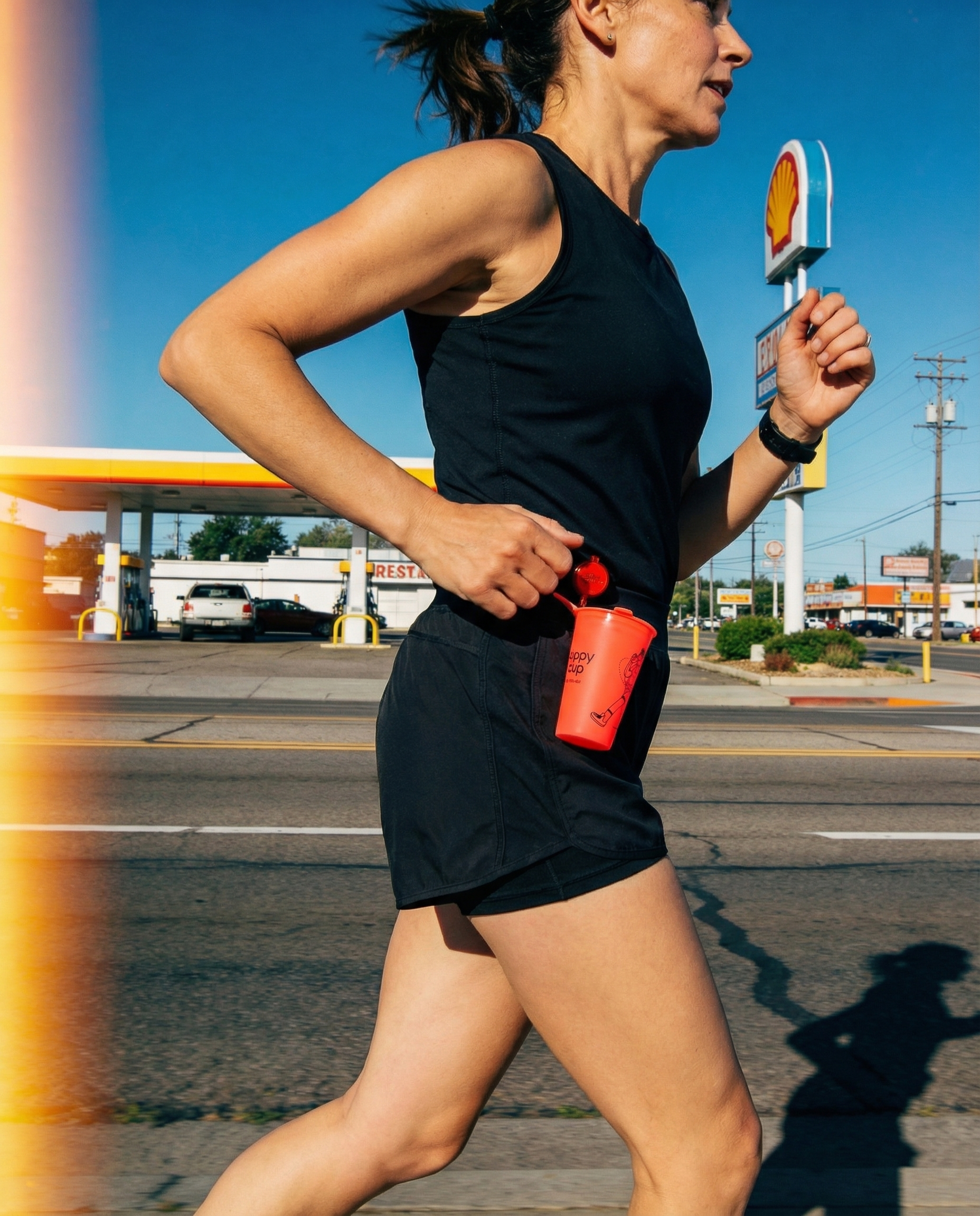 A woman running outdoors, wearing a black athletic tank top and shorts, with her orange Zippy Cup on her hip on a sunny day.