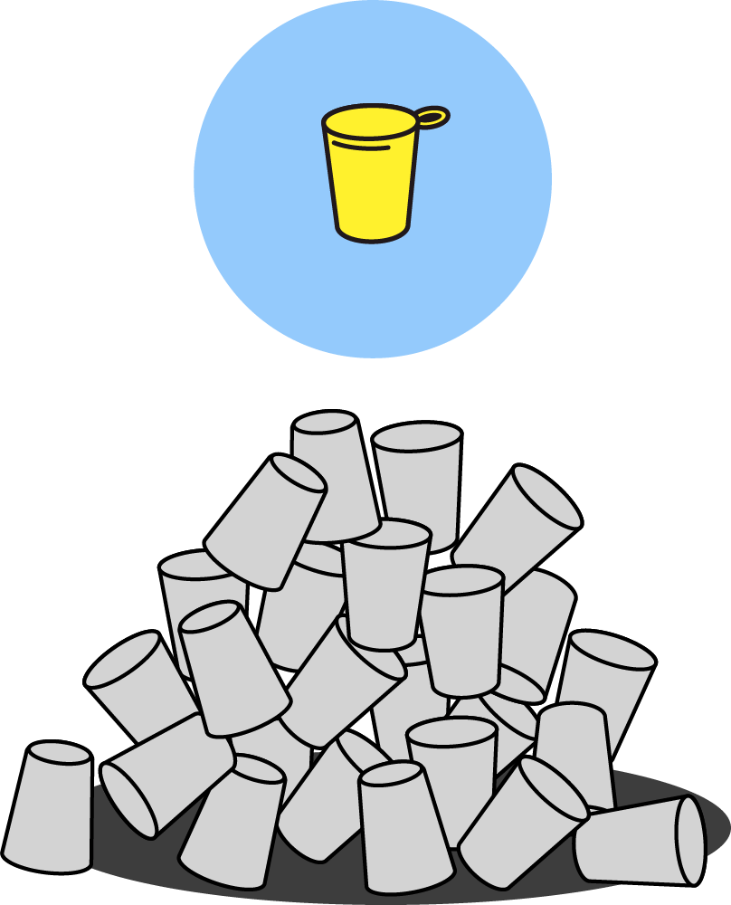 An illustration of a yellow cup in a blue circle above a pile of gray cups against a black background.