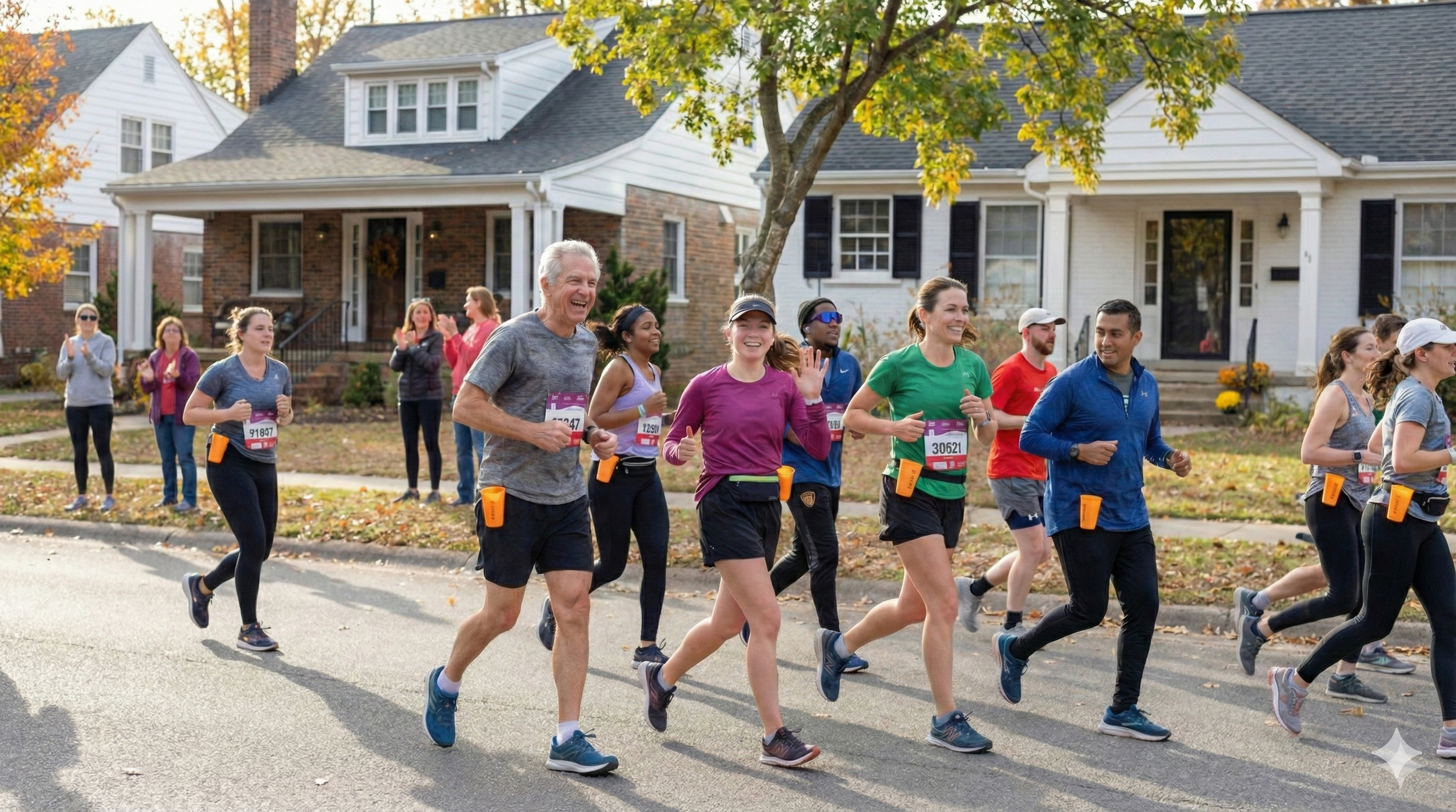 A group of marathon runners of various ages and ethnicities running together on a suburban street during a race, with some spectators cheering on the side, in autumn weather.