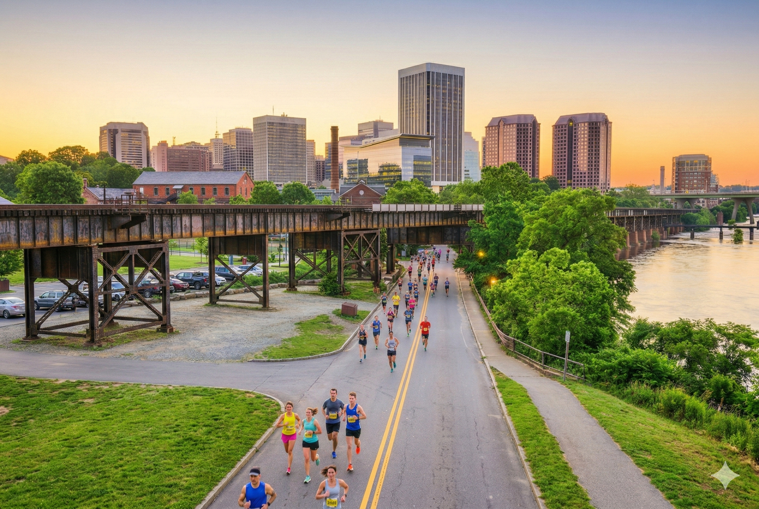 City skyline at sunset with runners participating in a marathon along a river, with green trees and an old railway bridge in the foreground.