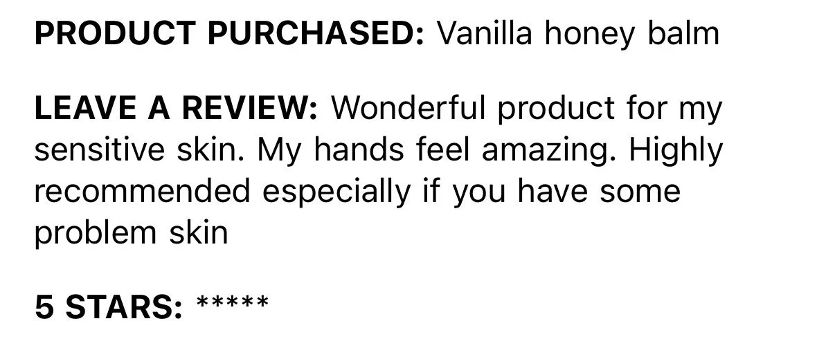 Product review for vanilla honey balm, praising it as a wonderful product for sensitive skin that makes hands feel amazing, with a five-star rating.