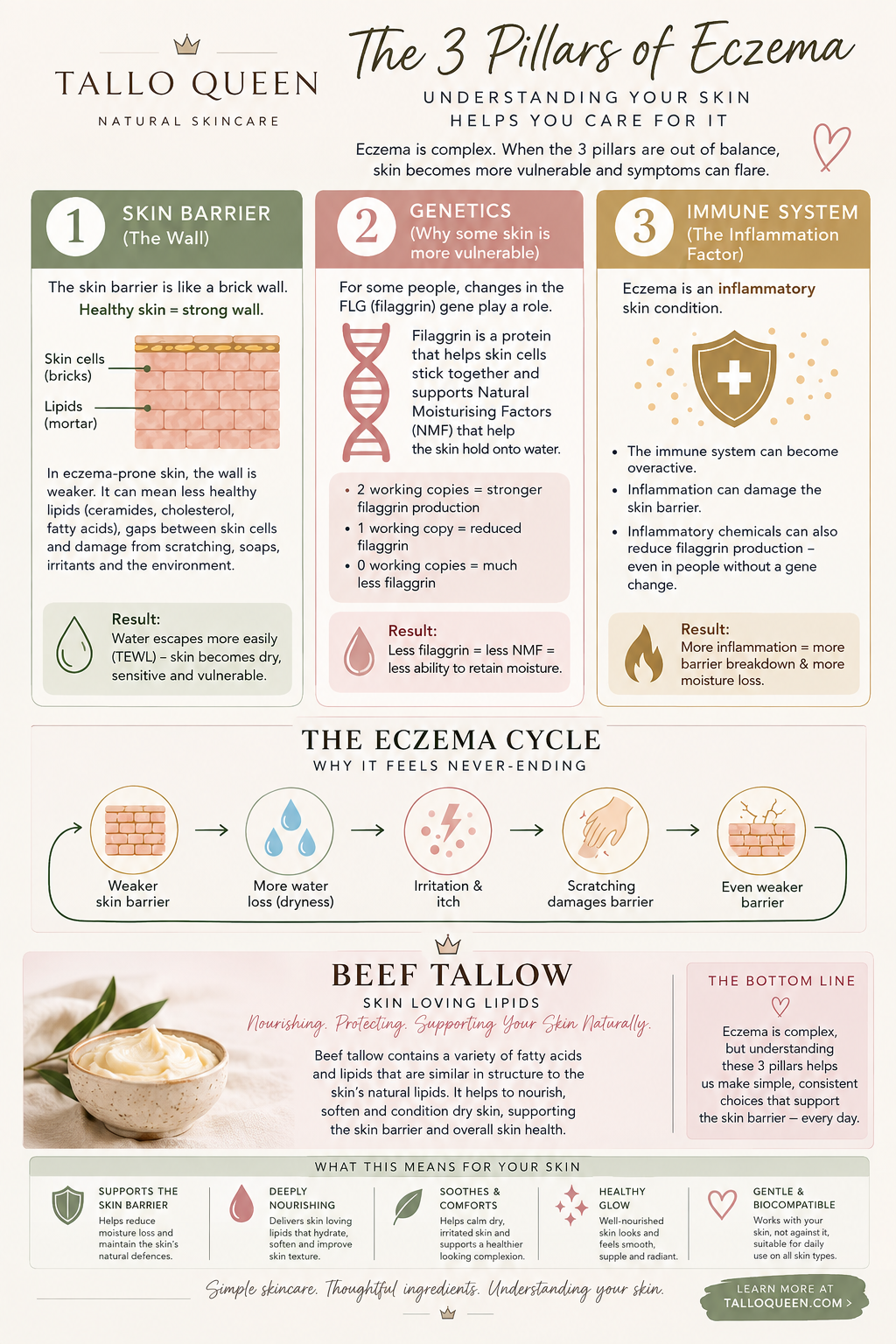 Diagram explaining the 3 pillars of eczema: skin barrier, genetics, and immune system, with details on each pillar and the eczema cycle, including skin barrier function, water loss, inflammation, and scratching.