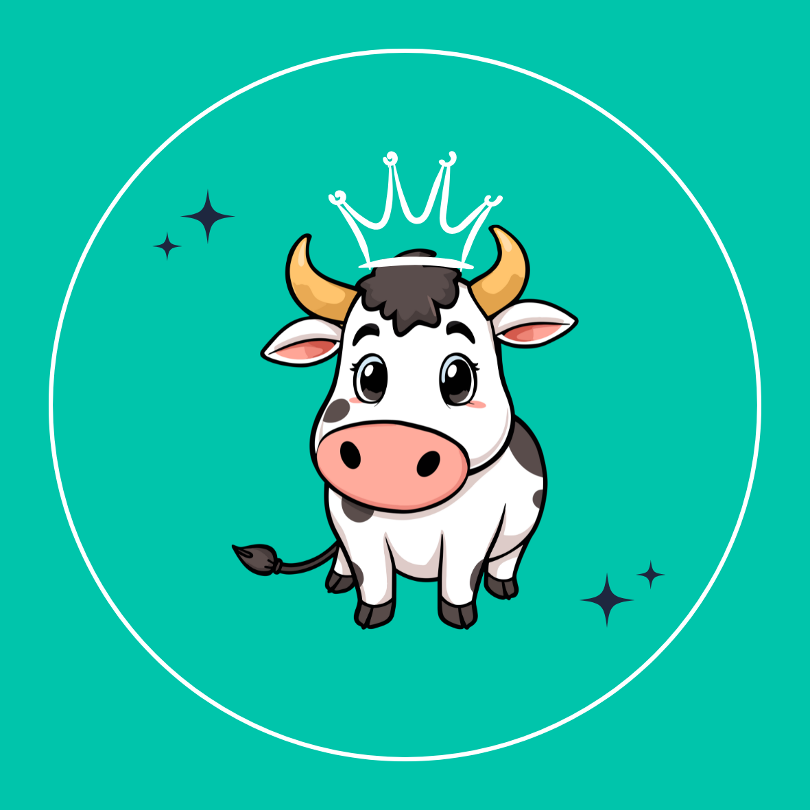 Cute cartoon cow with horns, big eyes, and pink nose, wearing a crown, on a turquoise background with star accents.