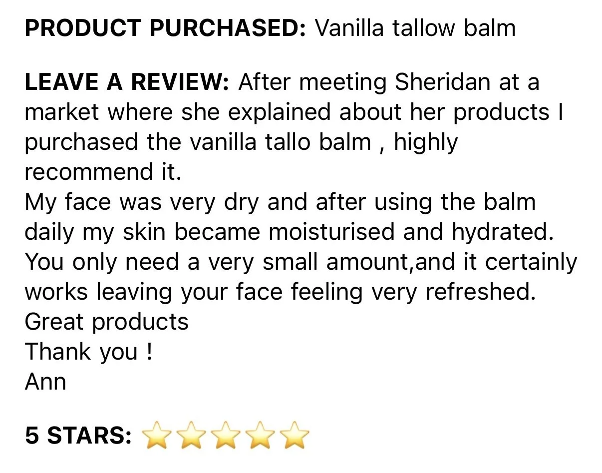 Customer review for vanilla tallow balm with five gold star ratings. Review mentions meeting Sheridan at a market, describing the balm's moisturizing benefits, and recommending it.