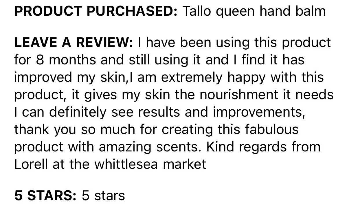 Customer review describing a hand balm product, praising its effectiveness, memorable scent, and positive skin improvements, ending with five-star rating.