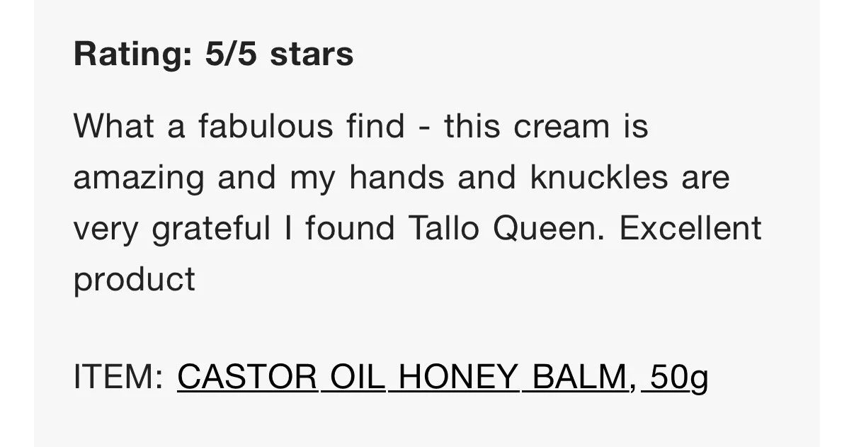 Review of castor oil honey balm stating a 5 out of 5 star rating and praising its creaminess, with a mention of a product called Tallo Queen and a description of the item as castor oil honey balm in a 50g package.