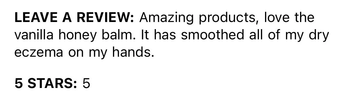 Customer review praising vanilla honey balm for clearing eczema on hands, rated five stars.