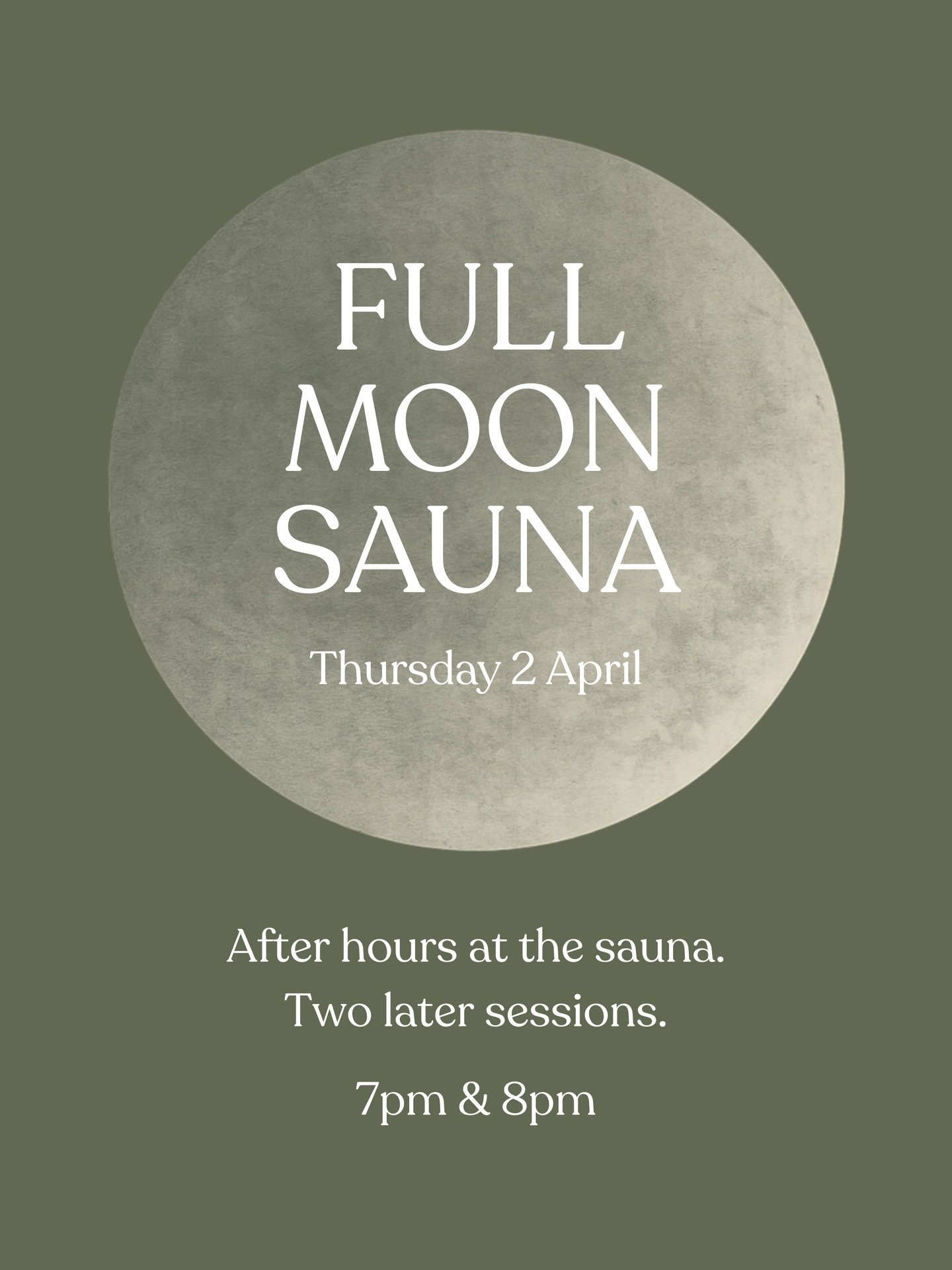 Full Moon Sauna. Thursday 2 April 🌕

Two later evening sessions at 7pm and 8pm.

Fire pit, marshmallows to toast, and a hot drink in hand.

A different way to spend an evening.

Just 12 spaces available.

Book via the link in bio.