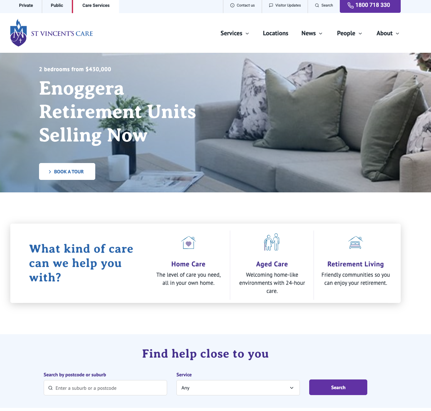 St Vincent's Care homepage following a digital transformation project involving agency selection, content strategy, website replatforming and customer experience improvements.