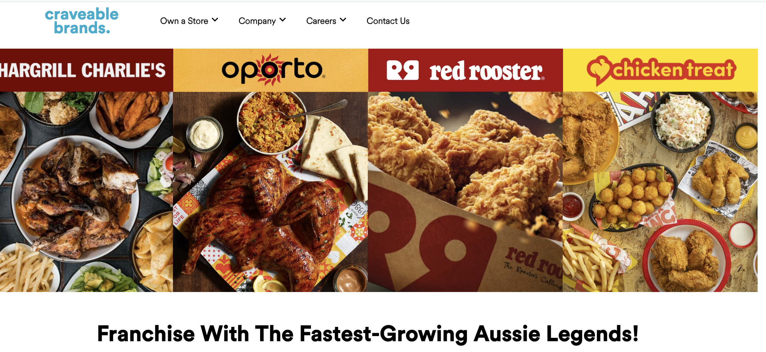 Craveable Brands Homepage representing development of customer strategy for their multi-restaurant portfolio including Red Rooster, Oporto and Chargrill Charlies
