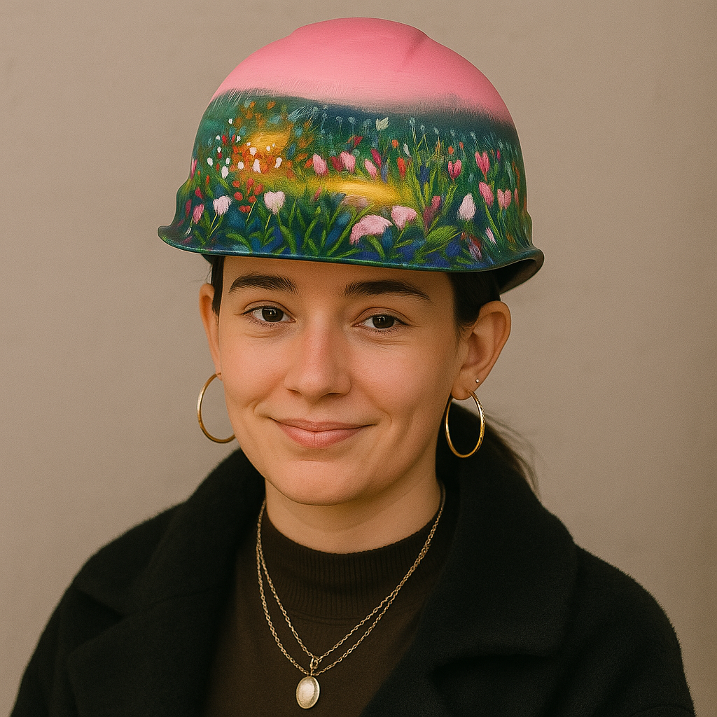 A woman with dark hair wearing gold hoop earrings, layered necklaces, and a black coat, smiling at the camera. She has a decorative helmet with a painting of a pink sky and a field of flowers on her head.