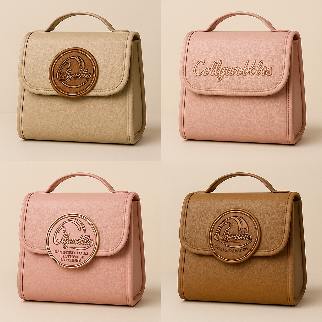 Four pastel-colored handbags in beige, pink, pink, and brown with embossed logos on the front, arranged in a 2x2 grid on a plain background.