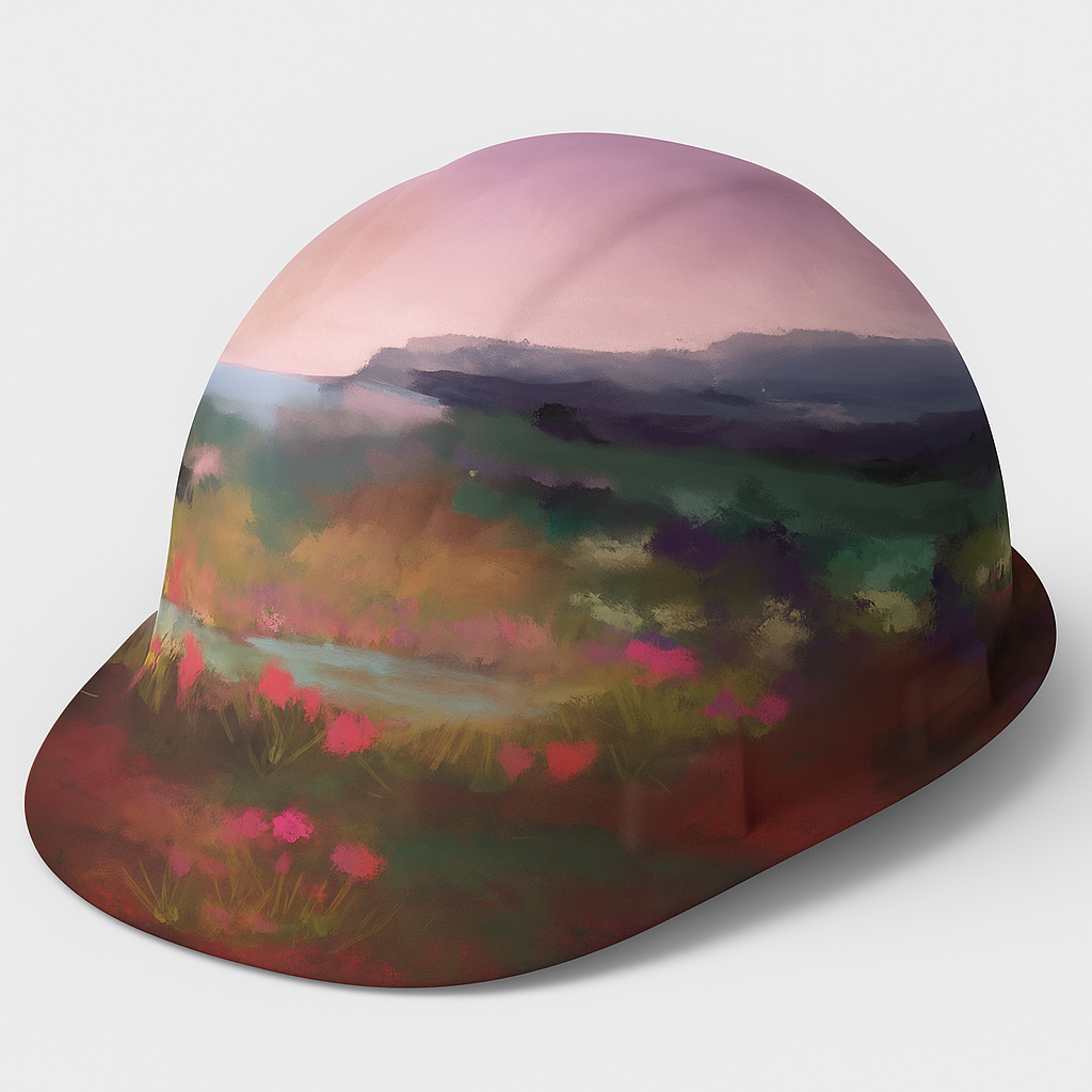 A safety helmet with a colorful landscape mural featuring mountains, fields, and pink flowers painted on it.