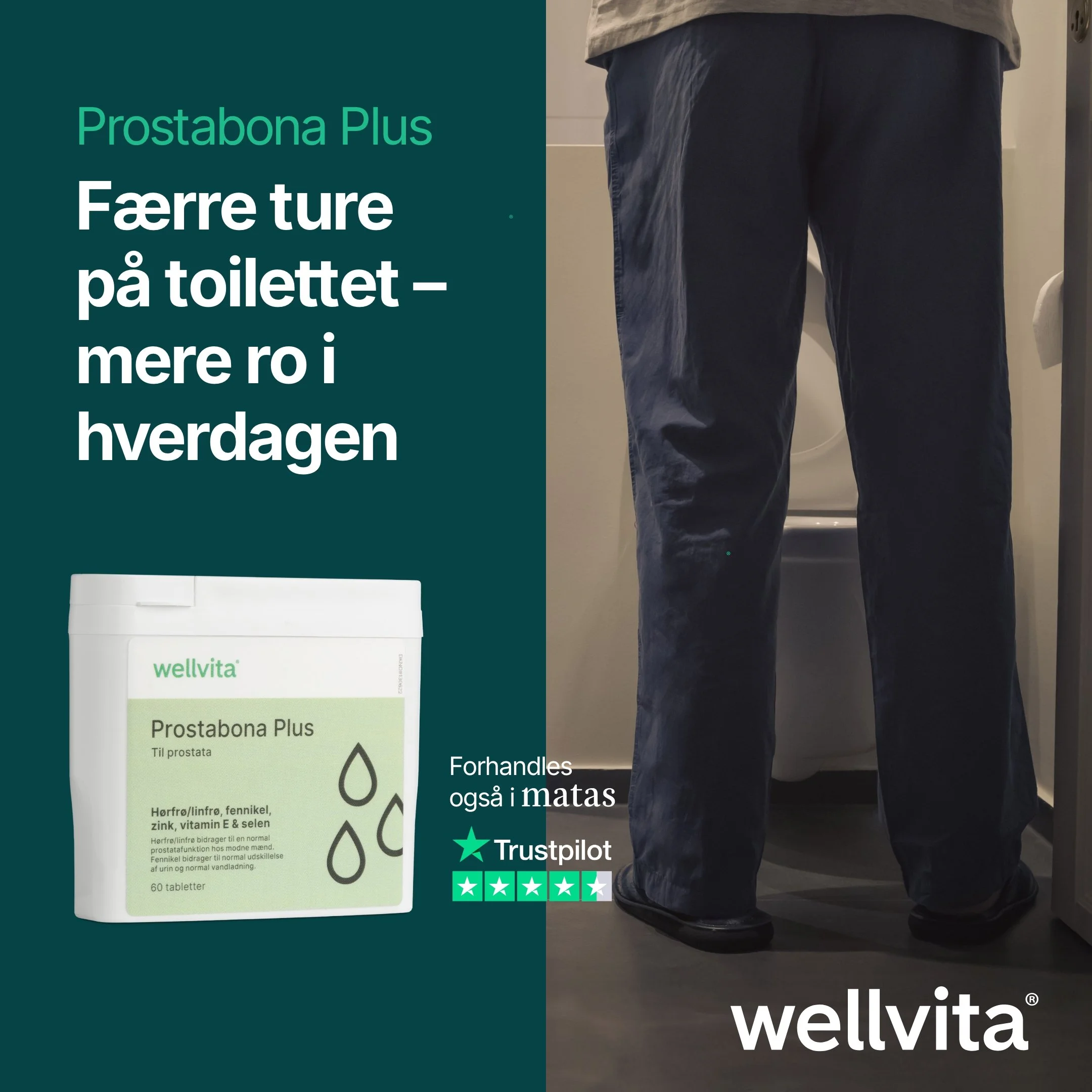 Partial view of a person wearing dark pants and a beige shirt standing in front of a white bathroom toilet with product box and digital review scores visible.