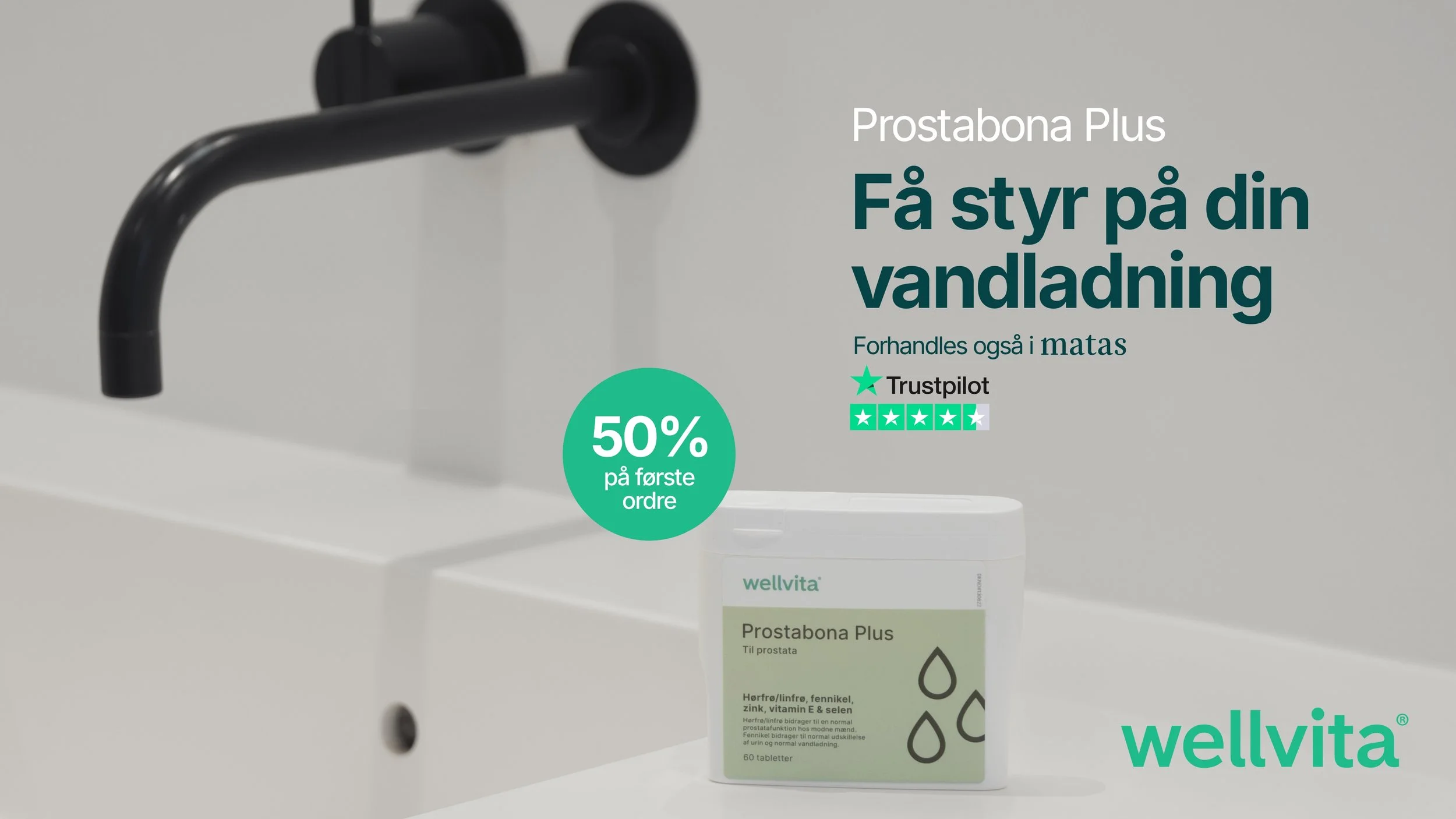A black water faucet mounted on a white surface, next to a bottle of Wellvita Prostabona Plus supplement with a prominent green circle indicating 50% discount. The text on the image is in Norwegian, promoting prostate health products.