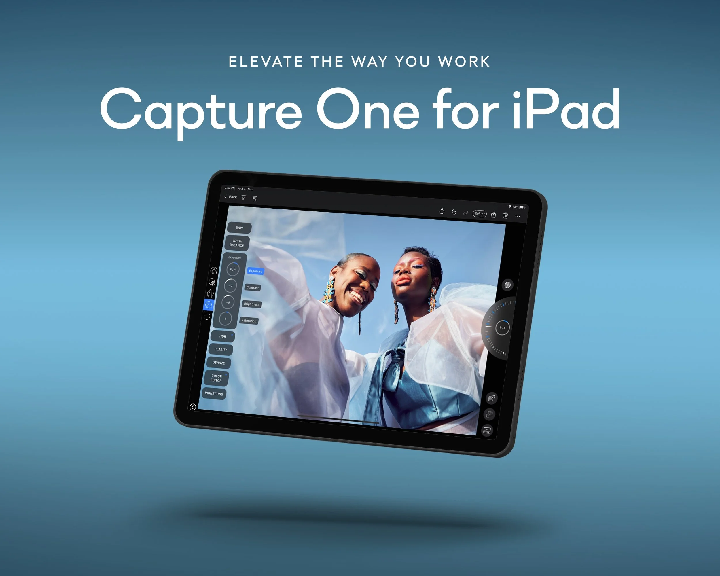 Digital advertisement promoting the Capture One photo editing software for iPad, featuring a tablet displaying a photo of two smiling women in blue outfits with editing tools on the screen, set against a blue gradient background with the text "Elevate the way you work" and "Capture One for iPad".