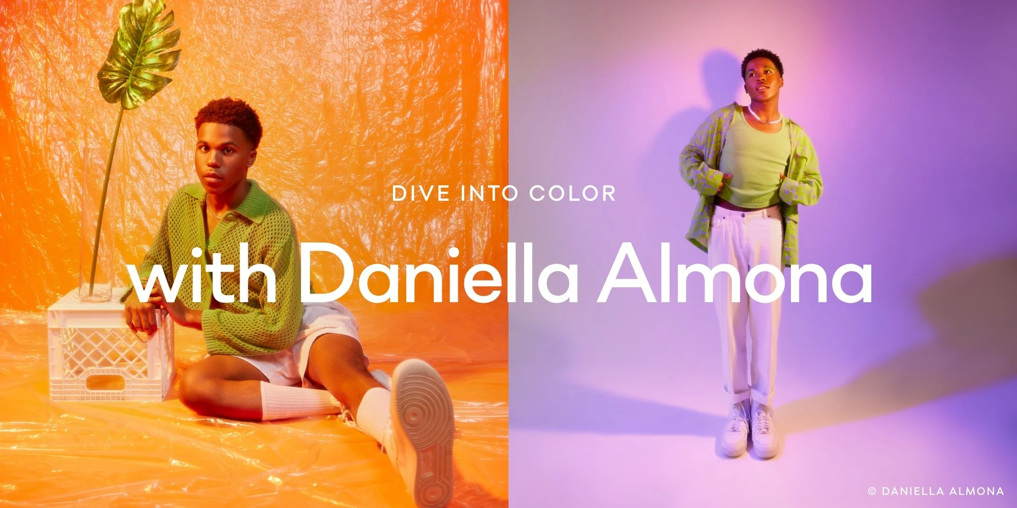 Two images of a person with short curly hair wearing different outfits and backgrounds. The left image has an orange background with a large green leaf and the person sitting cross-legged, wearing a green knitted sweater, white shorts, and white sneakers. The right image has a purple background, and the person is standing with hands in pockets, wearing a green and purple jacket over a green shirt, white pants, and white sneakers. Text in the middle reads, "DIVE INTO COLOR with Daniela Almona."