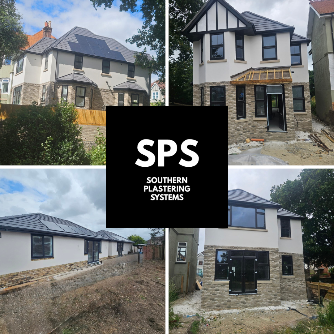 Collage of four photos showing the construction of a house with white walls, black window frames, and a brick foundation, including the roof with solar panels, during building and finishing stages, with the logo of Southern Plastering Systems (SPS) in the center.