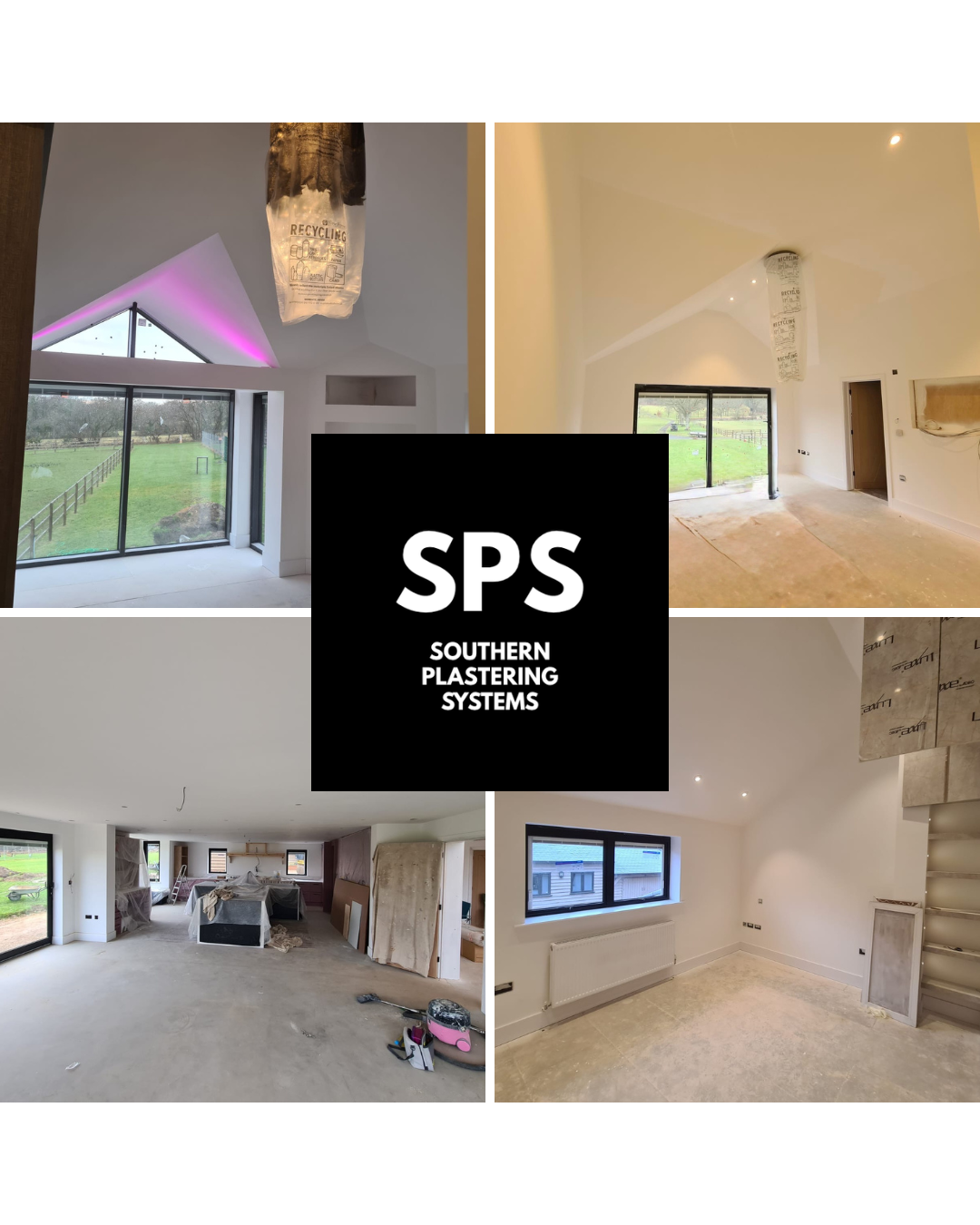 Collage of four interior house renovation photos showing unfinished rooms with construction materials, large windows, and recessed lighting. The center features a black square with white text reading "SPS Southern Plastering Systems."