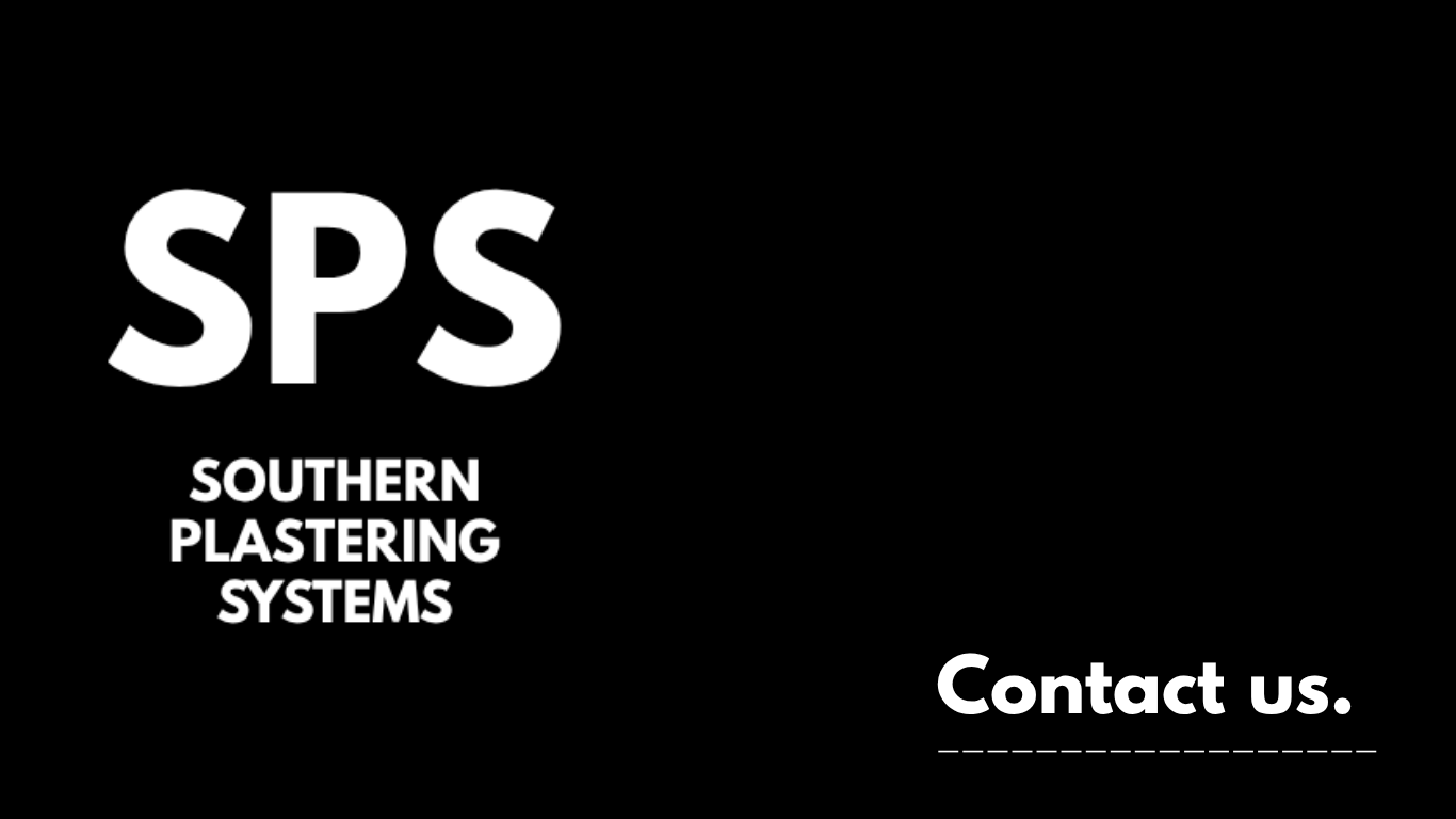 Black background with white text that reads 'SPS Southern Plastering Systems' in large letters and 'Contact us' with a dashed line underneath in the lower right corner.