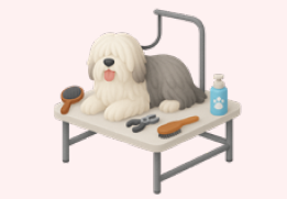 A dog lying on a grooming table surrounded by grooming tools and supplies, including brushes, combs, a spray bottle, and a bowl.