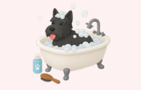 A cute illustration of a black dog with white spots taking a bath in a clawfoot bathtub filled with bubbles, with a blue bottle of soap and a brown brush nearby, and a pink background.