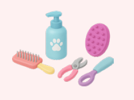 Pet grooming supplies including a blue pump bottle with a paw print, a pink grooming brush, a pair of pink and gray nail clippers, a purple grooming comb, and a blue and purple grooming brush