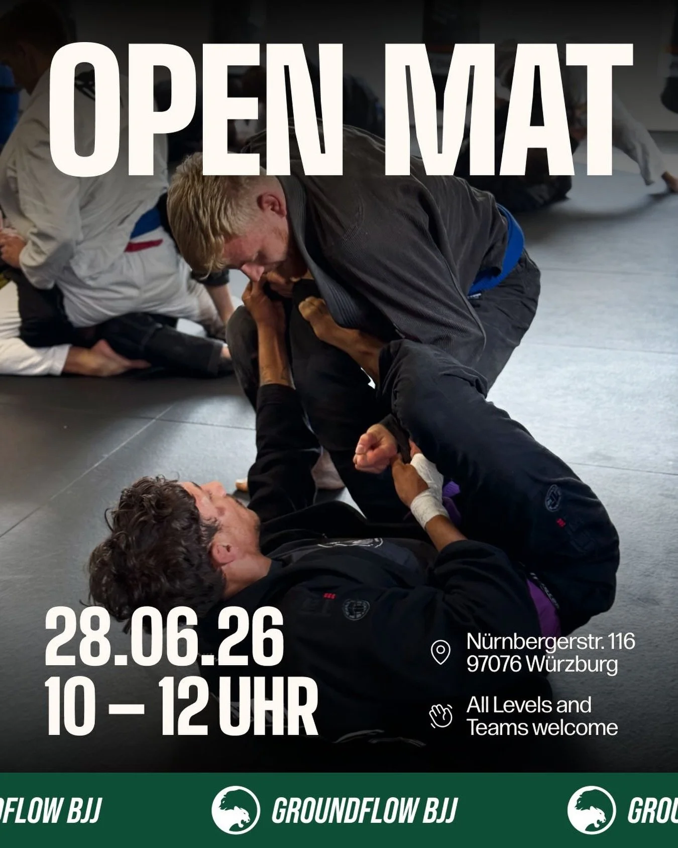 SAVE THE DATE! am 28.06.2026 treffen wir uns wieder bei uns zu einer Open Mat! Alle Level/Gyms - Gi/NoGi sind herzlich willkommen! 🫶🏼 

Kommt vorbei und nutzt die Chance mit neuen Leuten zu rollen oder einfach nur zu connecten 🥋🚀