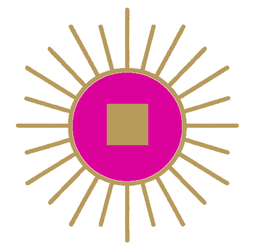 Stylische Illustration eines Sonnenmotivs mit goldenen Strahlen, einer rosa Kreisscheibe und einem goldenen Quadrat in der Mitte.