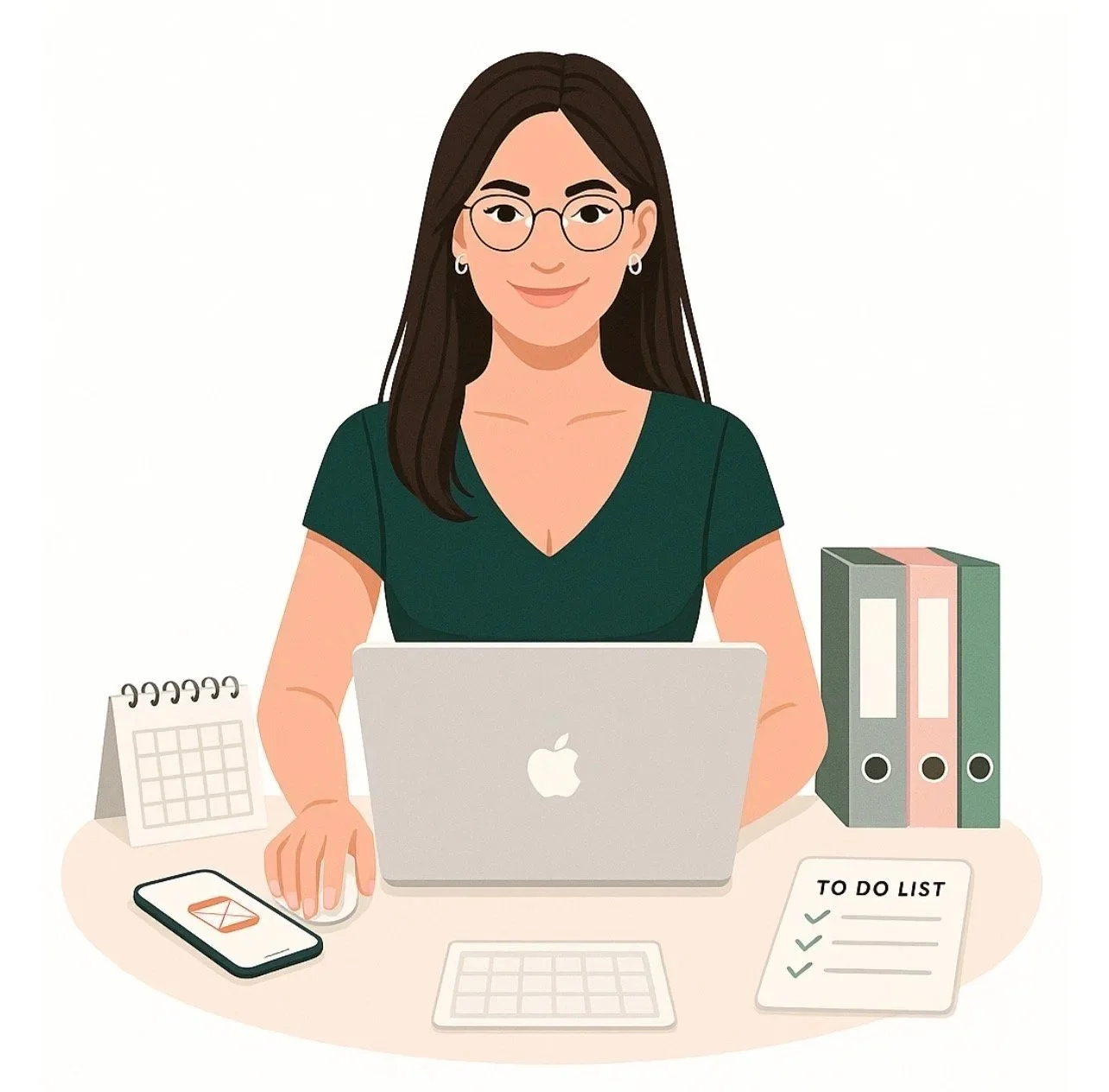 Une femme assise à un bureau avec un ordinateur portable, un téléphone et des dossiers, en train de travailler ou d'organiser ses tâches.