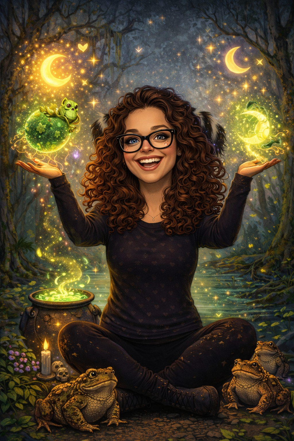 A woman with curly hair and glasses in a fantasy forest setting, surrounded by glowing magical elements including a frog, moon, stars, a cauldron, and fireflies, with frogs sitting on the ground nearby.