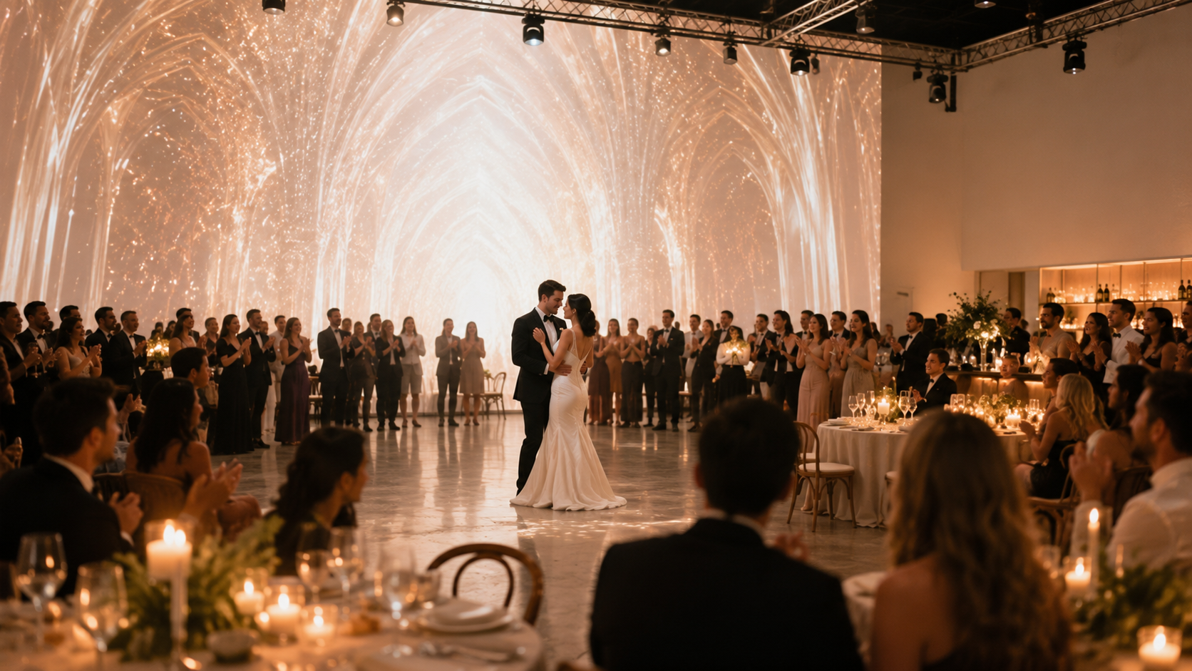 Wedding first dance under cathedral lights