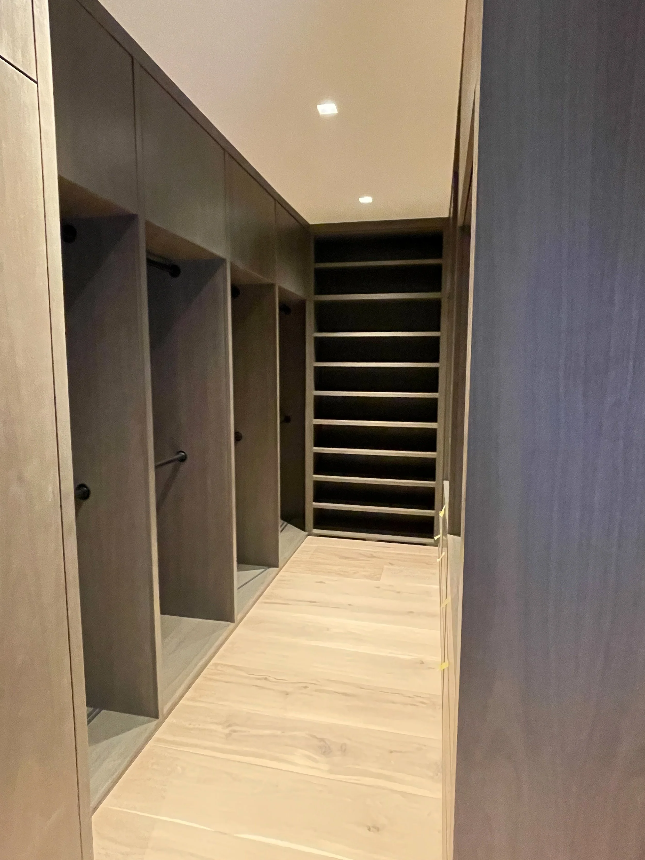 Modern dark wood closet with shelves and double hanging 