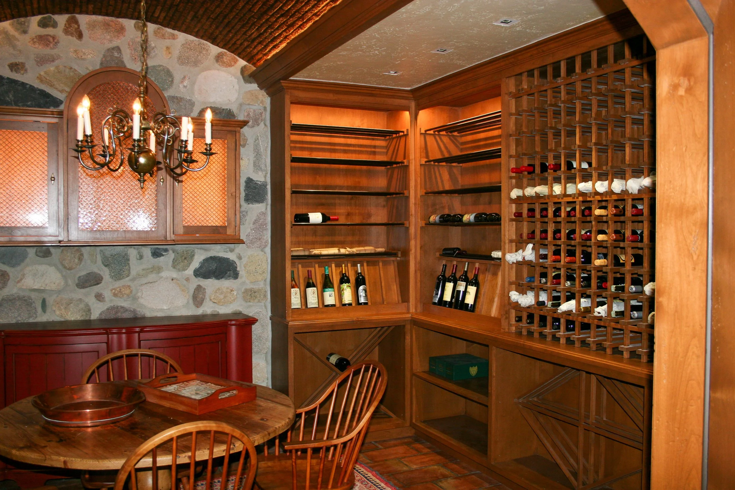 Traditional wine cellar with wood shelves and wine rack