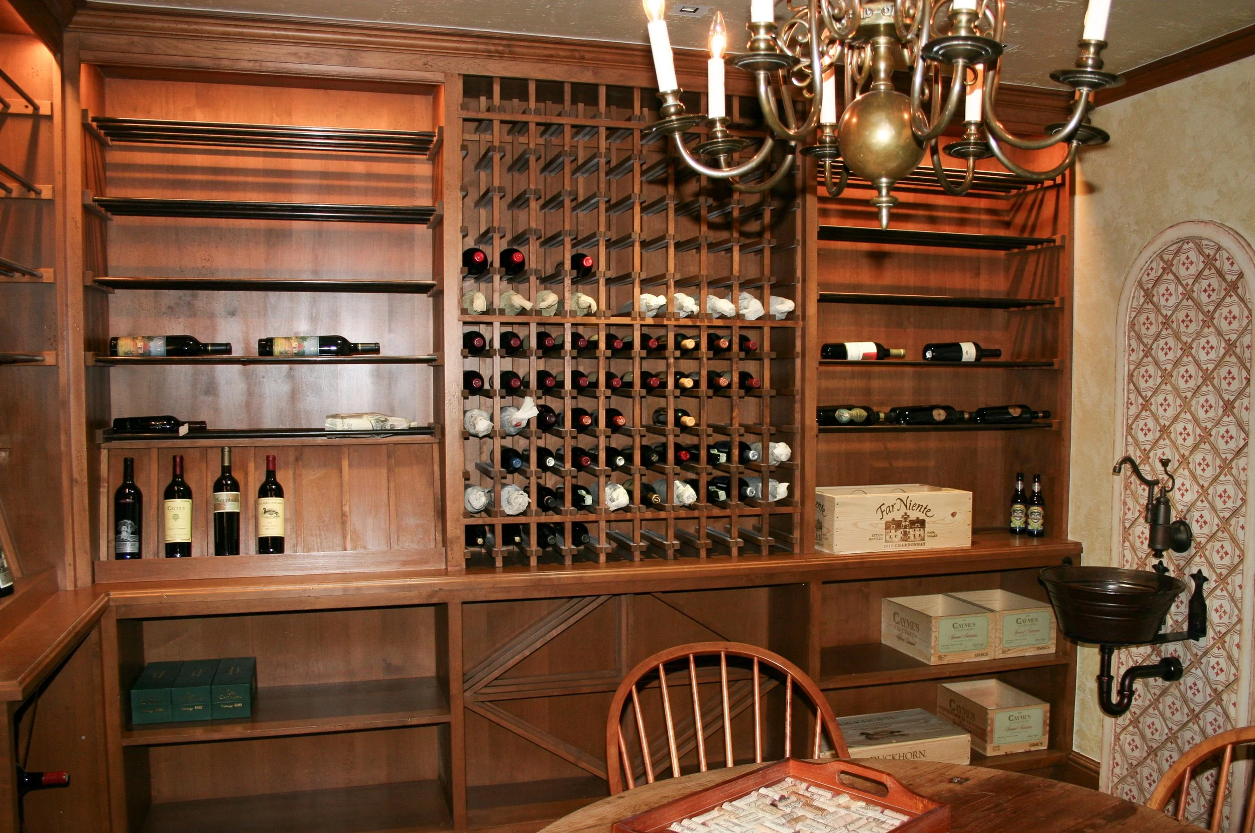 Traditional wine cellar with wood shelves and wine rack