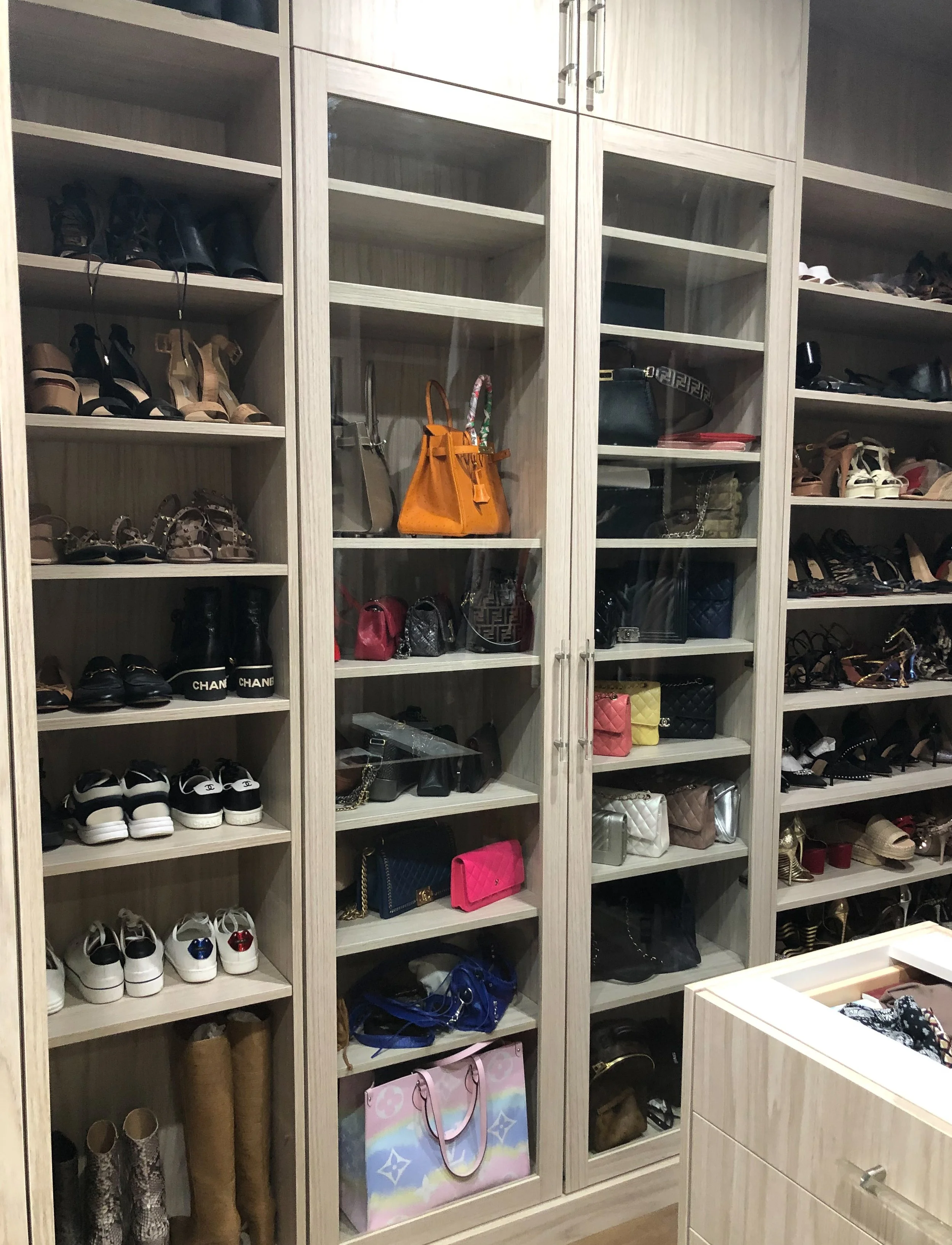 Modern closet with purse and shoe display