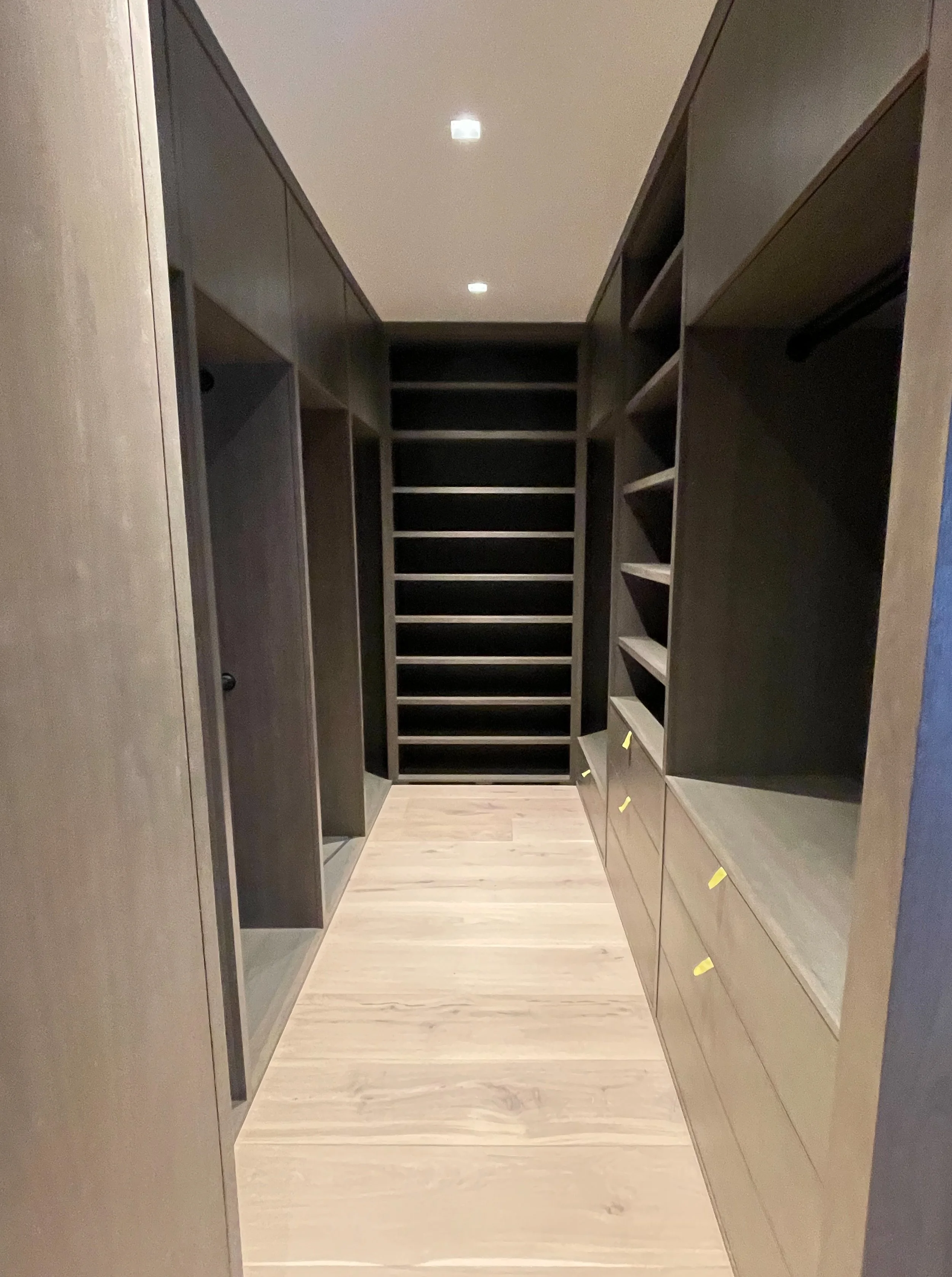 Modern dark wood closet with shelves and double hanging and drawers 