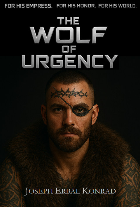 Book cover titled 'The Wolf of Urgency' by Joseph Erbal Konrad, featuring a man with facial tattoos and fur clothing.