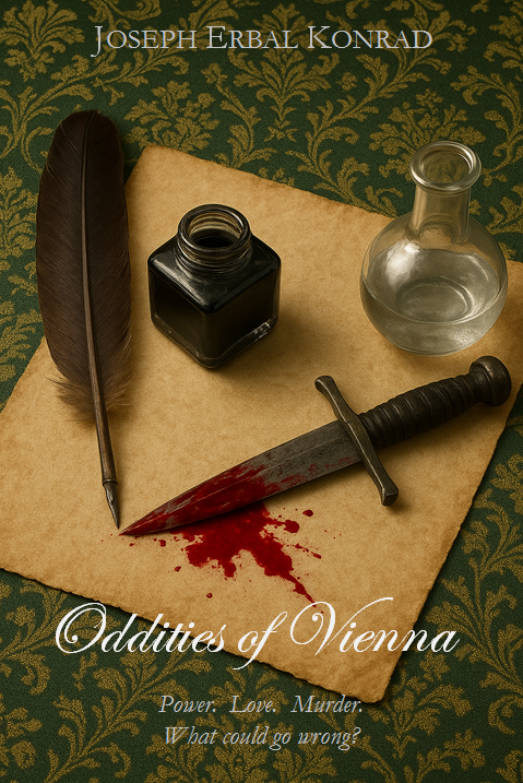 Cover of a book titled 'Oddities of Vienna' showing a quill pen, an ink bottle, a glass inkwell, and a bloody dagger on a parchment paper, with a green patterned background.