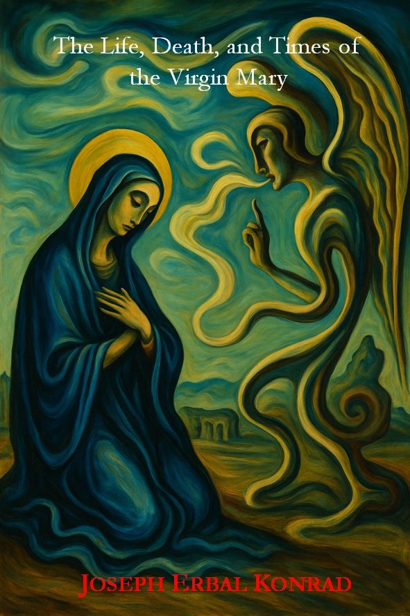 A painting depicting the Virgin Mary on the left with her hands crossed over her chest, wearing a blue robe and a golden halo. On the right, a stylized angel with a golden halo, draped in flowing robes, is gesturing with one finger raised. The background features swirling green and yellow patterns with a distant landscape. The title at the top reads, "The Life, Death, and Times of the Virgin Mary," and the author's name, Joseph Erbal Konrad, appears in red at the bottom.