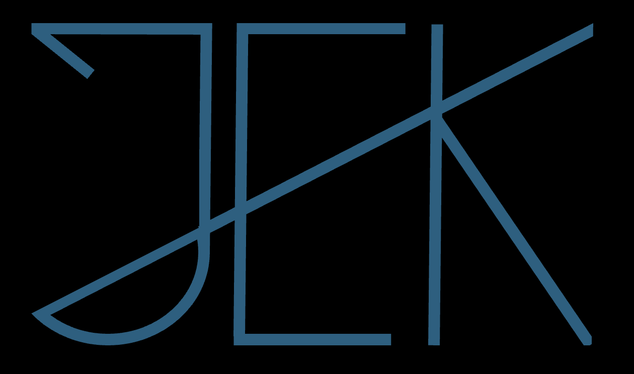 Blue line art of the name 'JEK' on a black background.