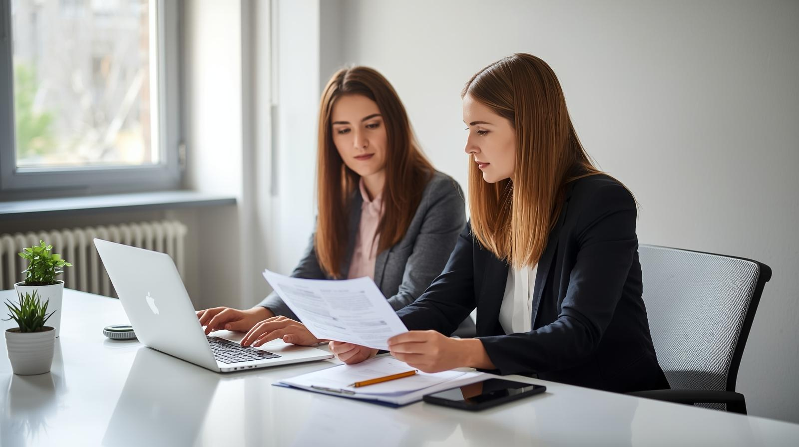 Two women in business attire working together at a white conference table with a laptop, papers, and a smartphone.