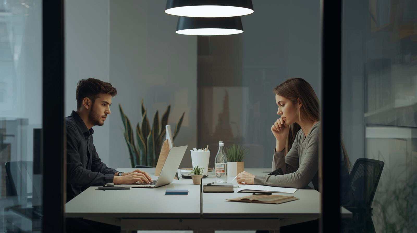A man and a woman sit across from each other at a conference table in a modern office, focused and engaged in work, with laptops and notebooks in front of them.