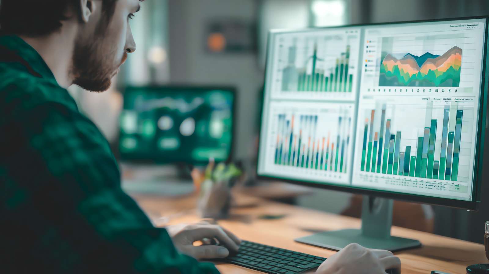 Person analyzing financial data on a dual-monitor computer setup showing bar graphs, line charts, and colored area charts.